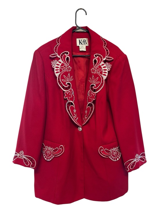 Vintage Jackets & Blazers - Vintage 90s/Y2K Era KB Red Embroidered/Cut-Out Blazer Jacket Size 18W